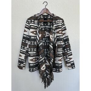 Me Jane Southwestern Aztec open fringe cardigan jacket womens Small brown black